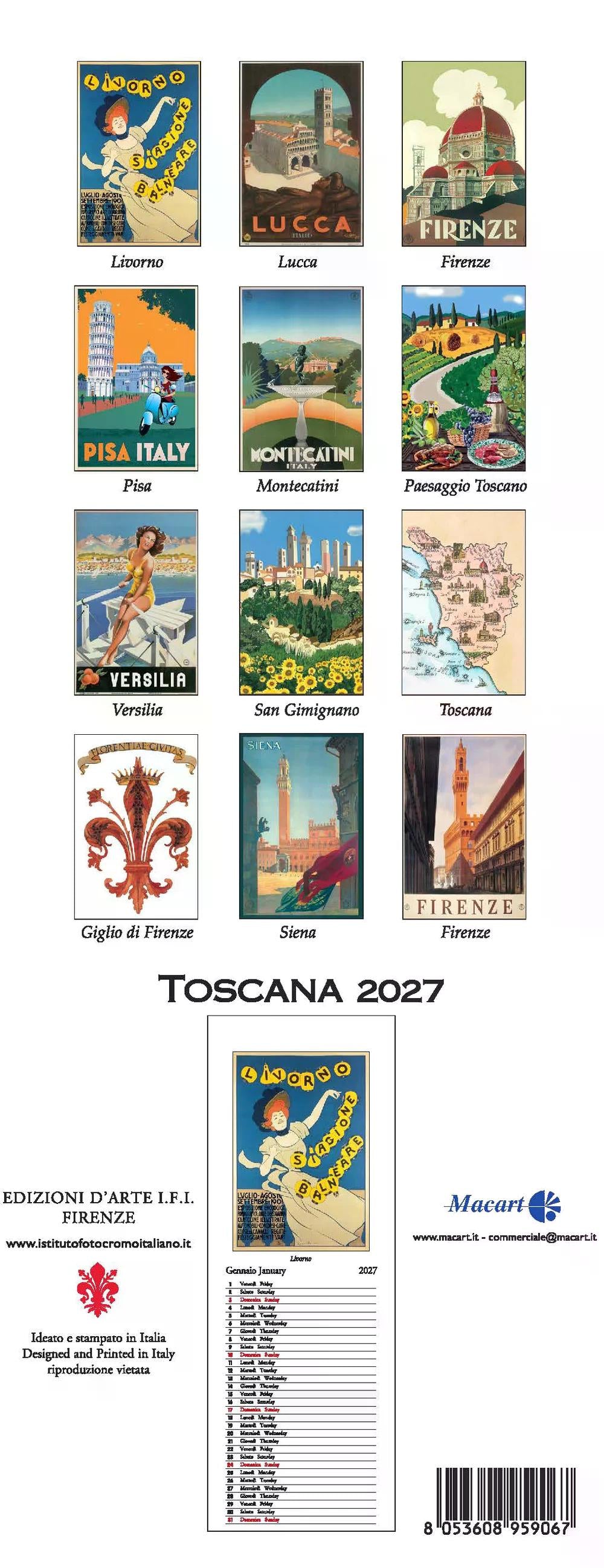 2027年 カレンダー TOSCANA トスカーナ イタリア製 縦長 13.5×34cm 直輸入 壁掛け スリム ヴィンテージ インテリア ISTITUTO FOTOCROMO ITALIANO / I.F.I イタリア