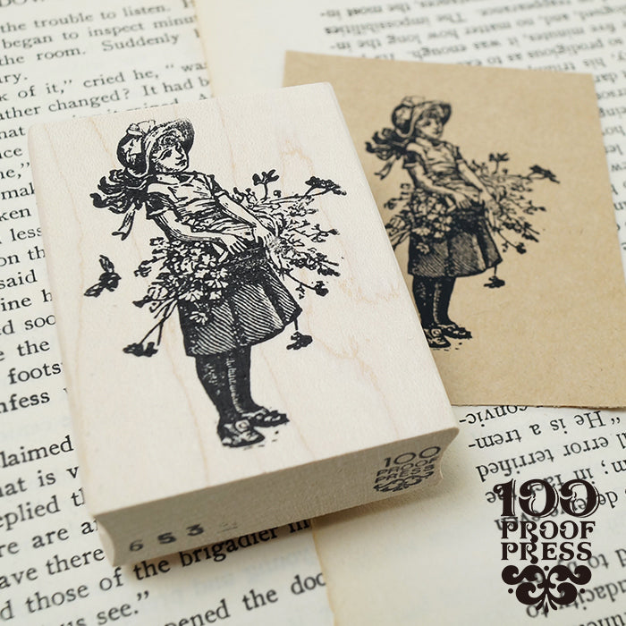 ラバースタンプ 輸入  100Proof Press 花かごを持った少女 Girl with Flower Basket #653