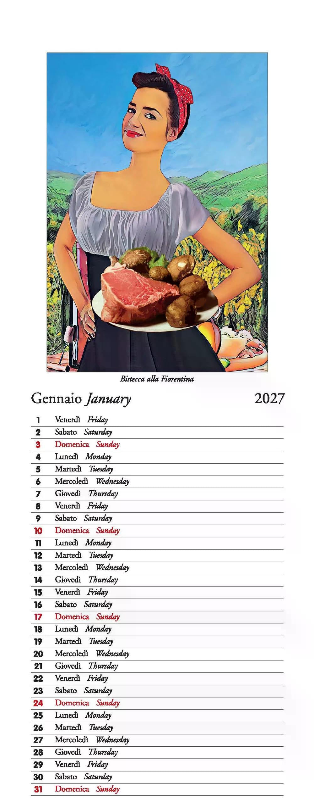 2027年 カレンダー Cucina Italiana イタリア製 縦長 13.5×34cm 直輸入 壁掛け スリム ヴィンテージ インテリア ISTITUTO FOTOCROMO ITALIANO / I.F.I  おしゃれ イタリア料理 キッチン ピザ