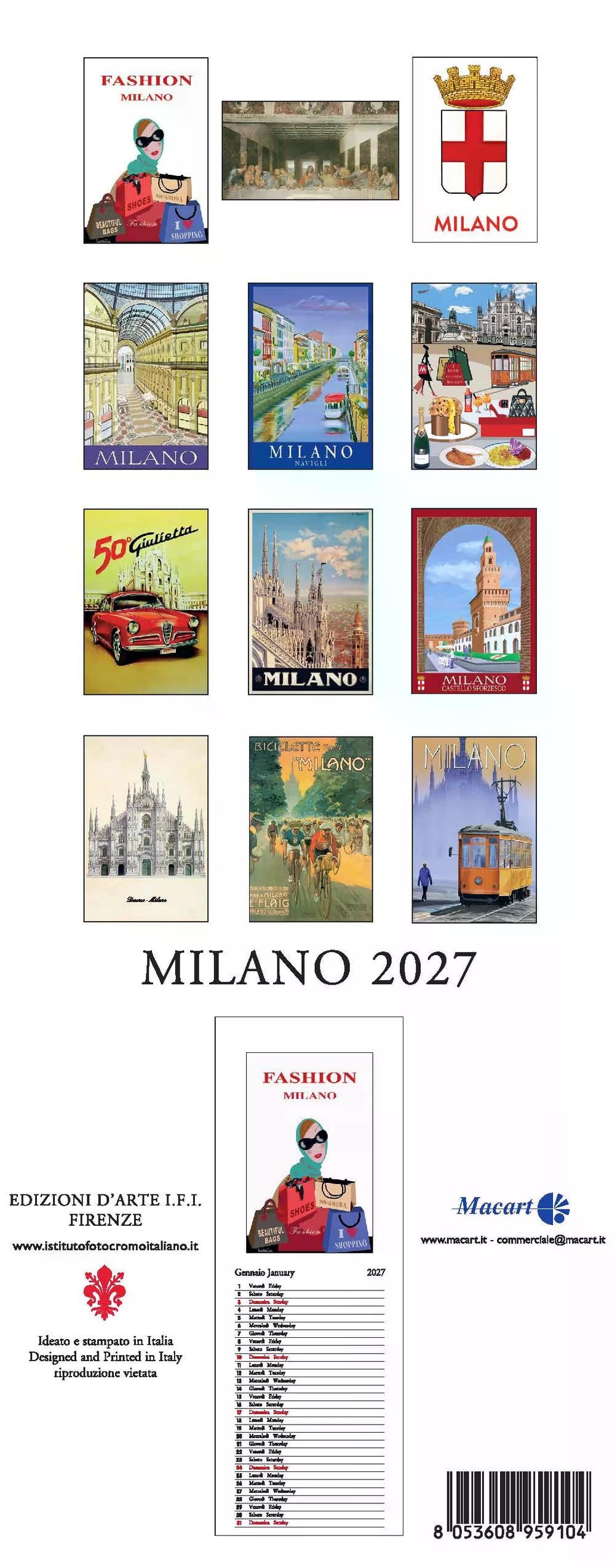 2027年 カレンダー MILANO イタリア製 縦長 13.5×34cm 直輸入 壁掛け スリム ヴィンテージ インテリア ISTITUTO FOTOCROMO ITALIANO / I.F.I  おしゃれ イタリア 世界遺産 ミラノ ファッション
