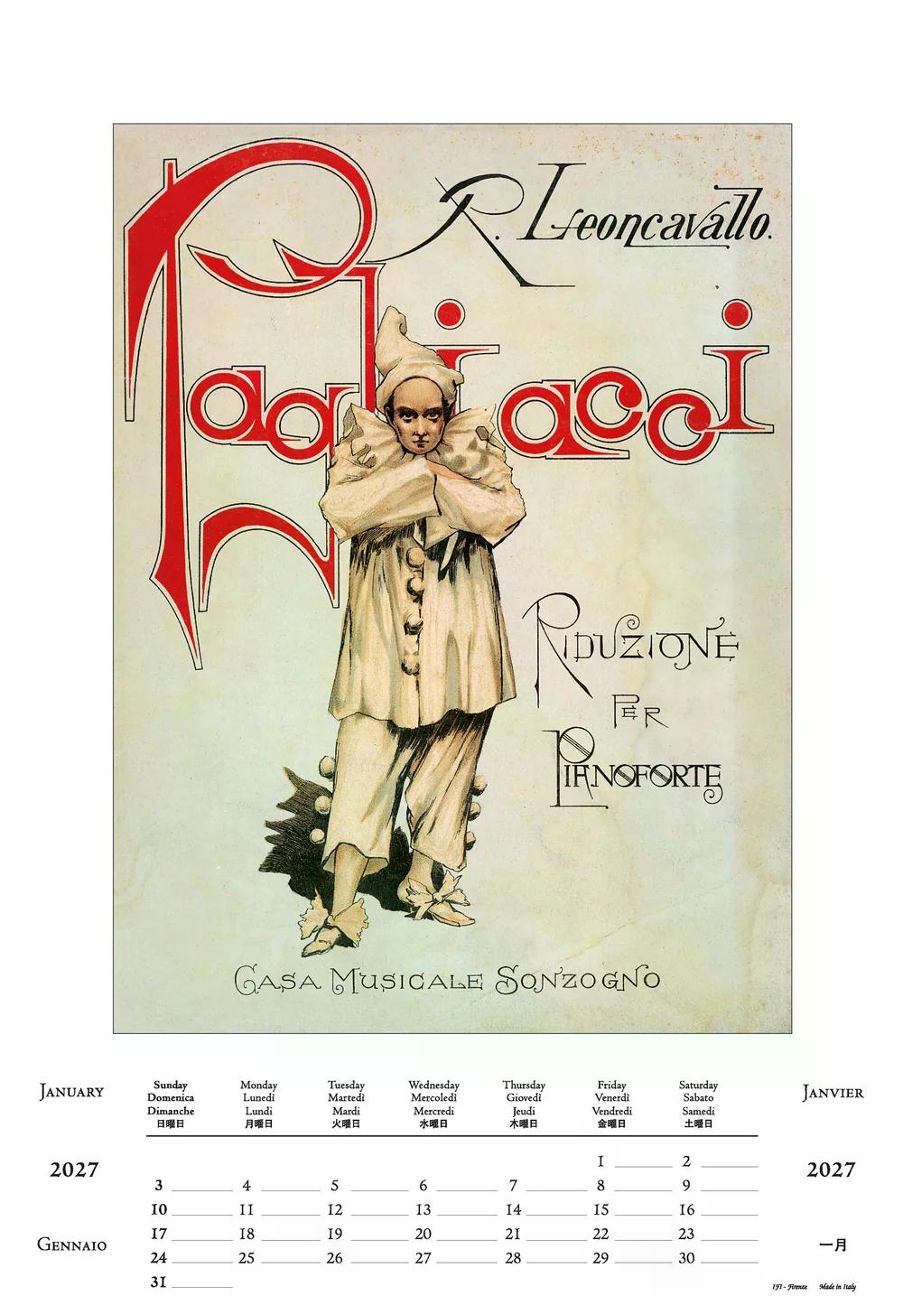 2027年 カレンダー OPERA イタリア製 オペラ 大判 35×50cm 直輸入 壁掛け アート ヴィンテージ インテリア ISTITUTO FOTOCROMO ITALIANO / I.F.I  トゥーランドット ロミオとジュリエット