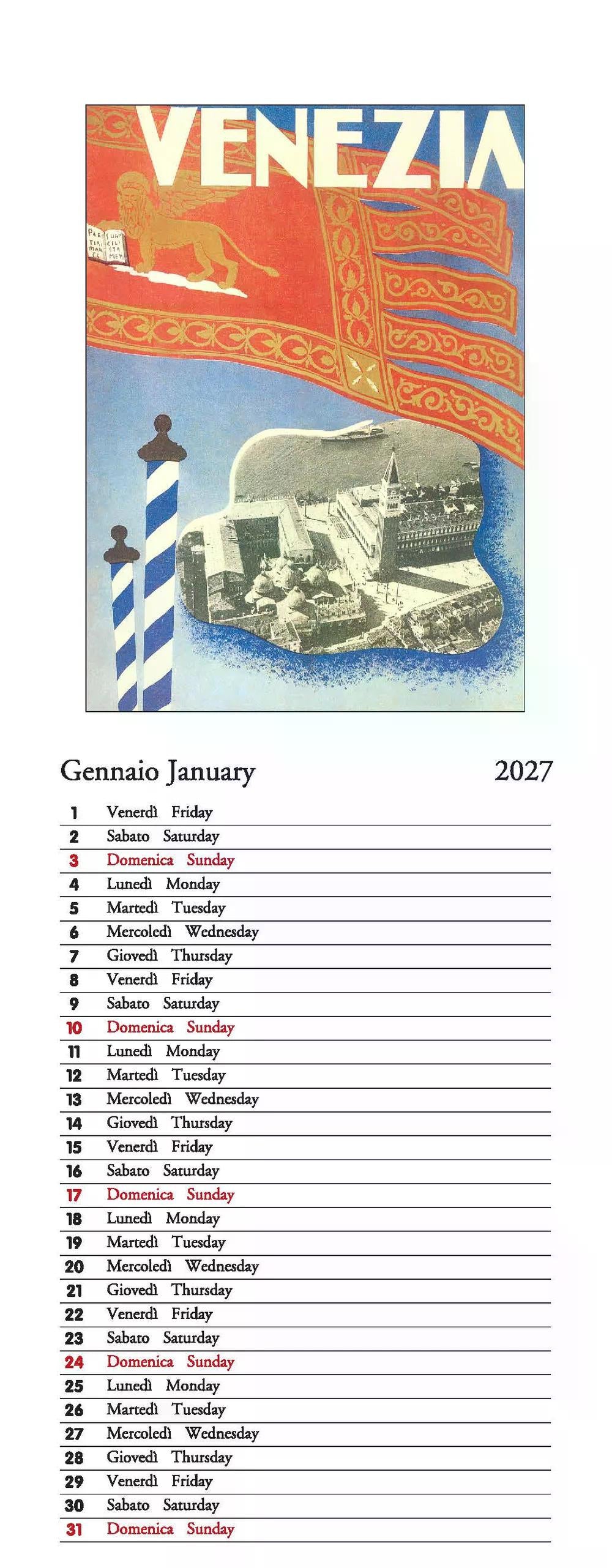 2027年 カレンダー VENEZIA ベネツィア イタリア製 縦長 13.5×34cm 直輸入 壁掛け スリム ヴィンテージ インテリア ISTITUTO FOTOCROMO ITALIANO / I.F.I  イタリア ベネチア